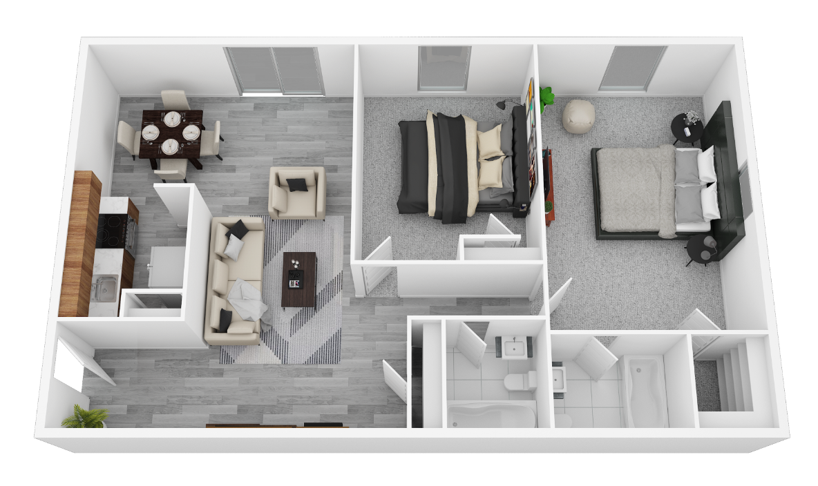 Floor plan for 2 beds, 2 baths, 1040 sqft